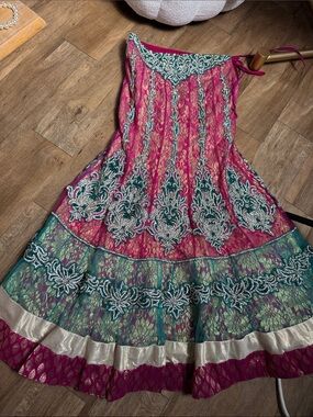 Embroidered Pink & Teal Indian Skirt